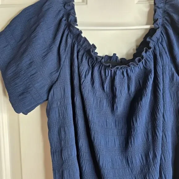 Navy Blue Textured Cotton Peasant Shirt with Ruffle Neckline and Balloon Sleeves - Picture 3 of 9